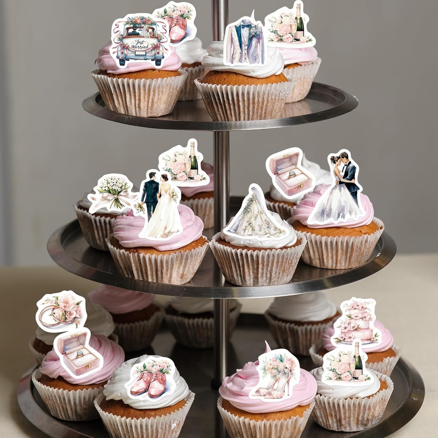 45PCS Edible Wedding Cupcake Toppers Wafer Paper Groom and Bride Cupcake Decoration Diamond Ring Cupcake Picks for Bridal Shower Bachelorette Wedding Party Supplies