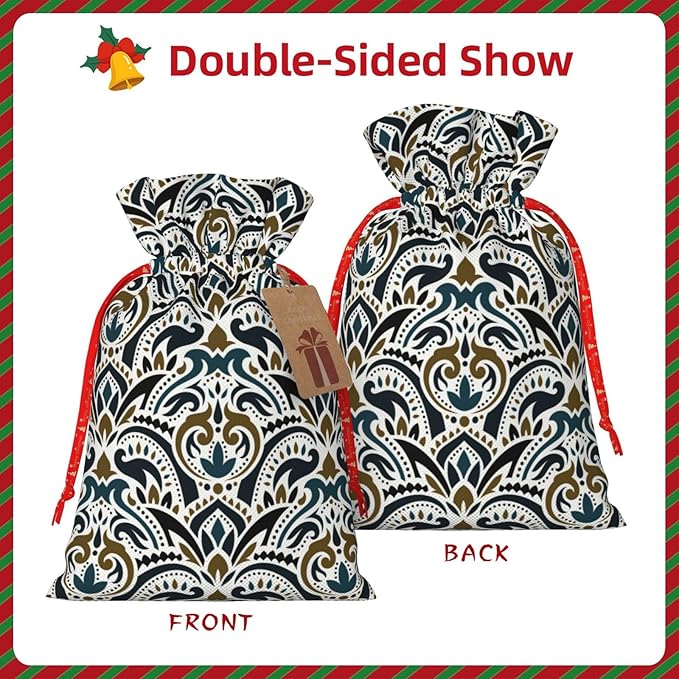 Jhggffd Boho Flower Pattern Christmas Gift Bags Christmas Treat Bags Cloth Christmas Gift Bag Drawstring Christmas Bags for Gifts Favor Bags Reusable Xmas Gift Bags for Holiday Party
