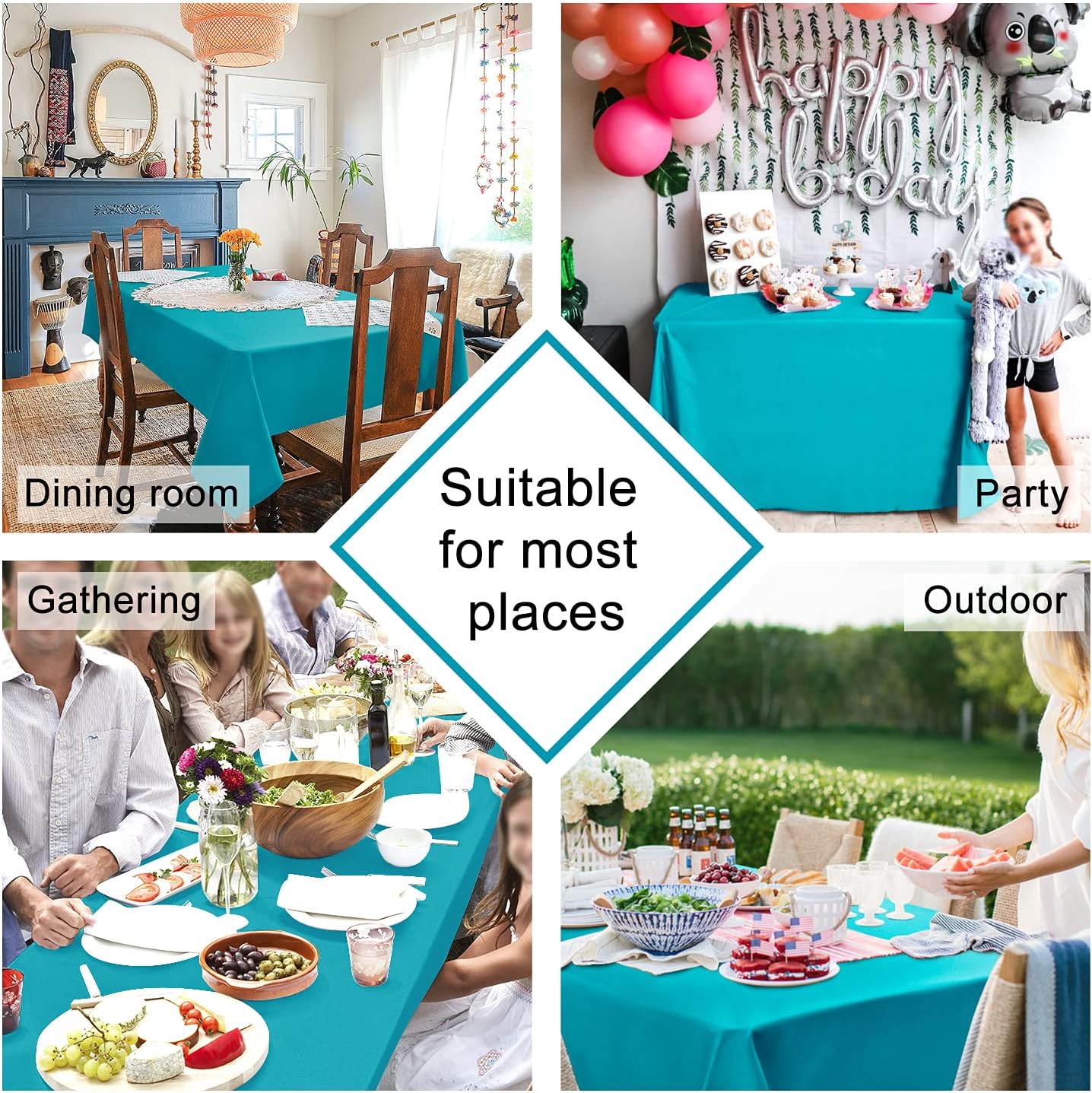 Hiasan 2 Pieces Turquoise Square Tablecloth - Water Resistant and Spillproof Dining Room Washable Fabric Table Cloth for Dining Room, Polyester, 40 x 40 Inch