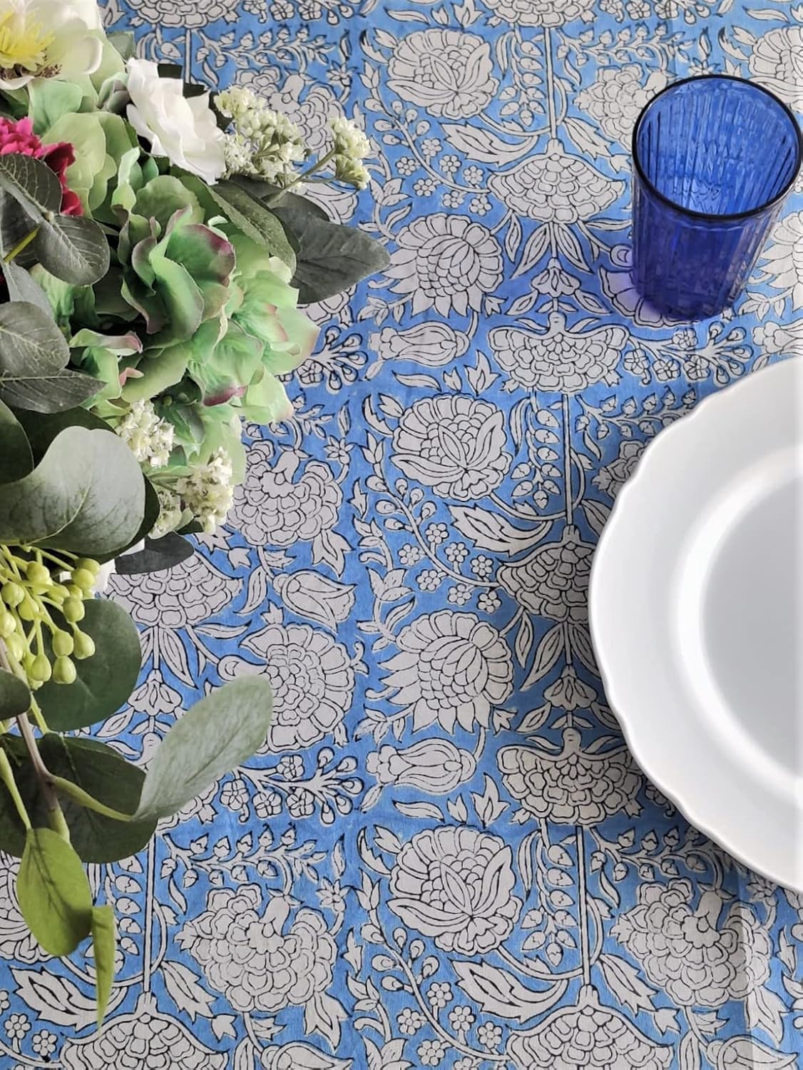 ATOSII Azora Blue 100% Cotton Square Summer Tablecloth, Block Print Floral Table Cloth for Dining, Outdoors, Parties, Weddings I Grand Millenial Decor 60 X 60 Inches I 4 Seater