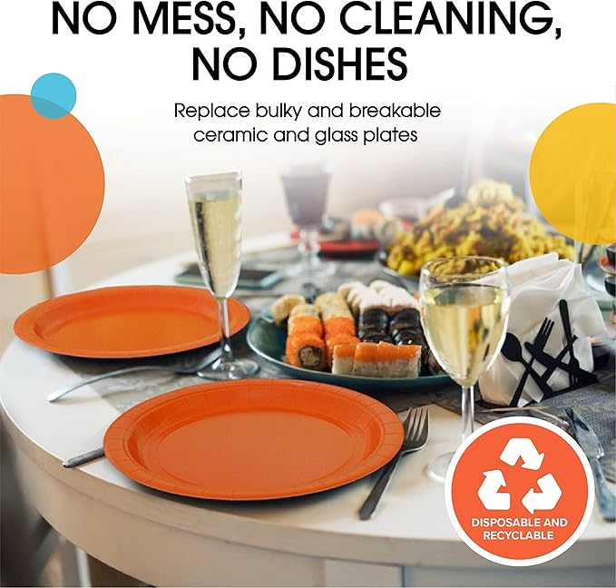Exquisite Party Solids Orange Paper Plates Disposable Heavy Duty 9 Inch Orange Disposable Plates For Party 100 Pcs Heavy Duty 350 GSM, Birthday Supplies