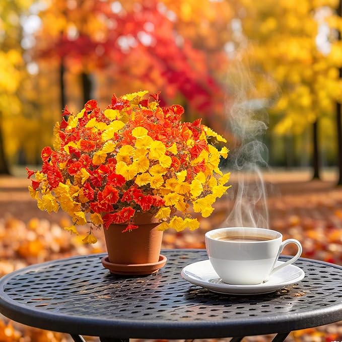 Artificial Flowers Outdoor Fall Decor - 12 Pcs UV Resistant Fade Proof Fake Plants for Garden Porch, Thanksgiving Autumn Decorations, Waterproof for All Weather