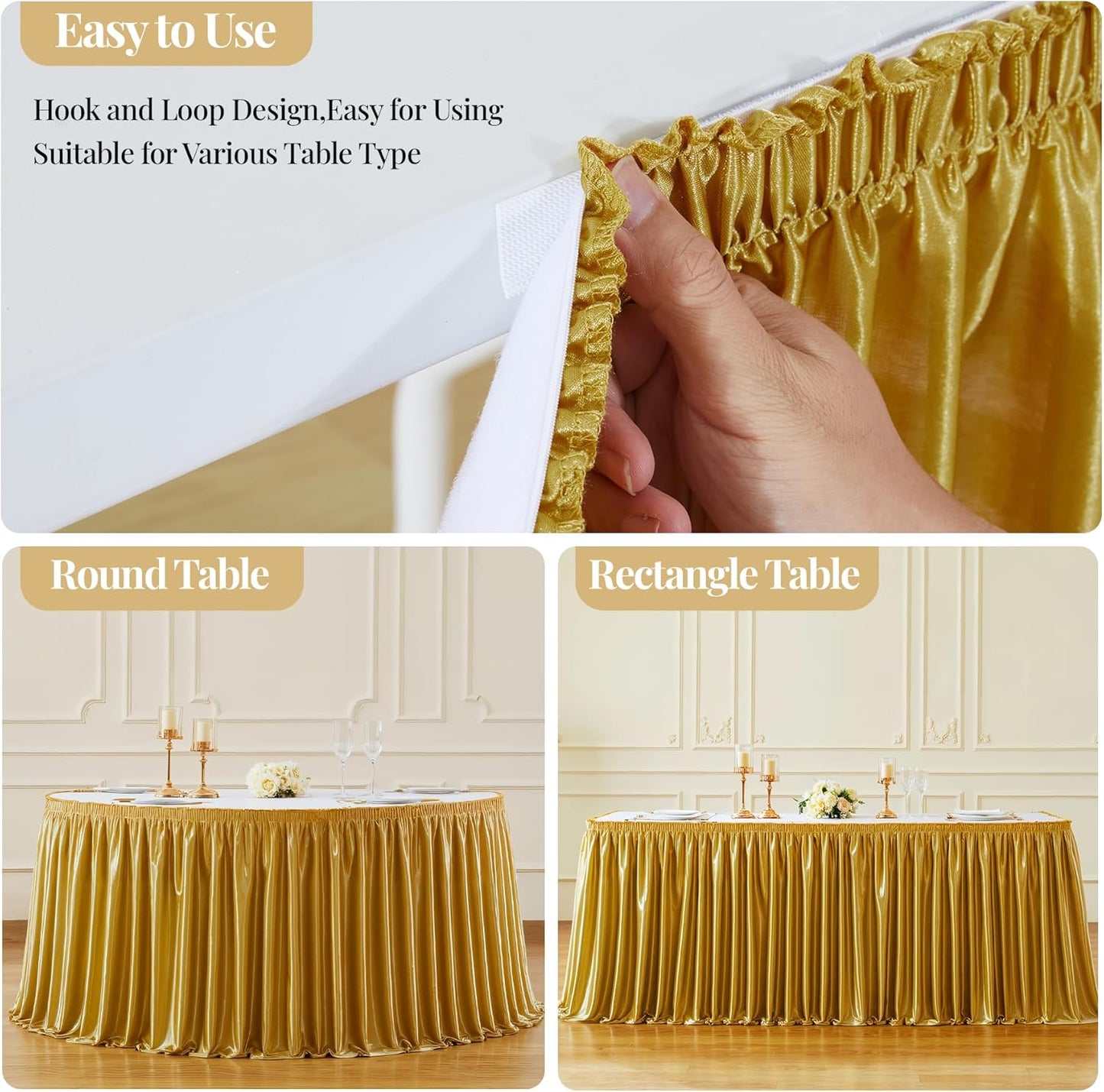 Wish Care 21ft Gold Satin Table Skirt for Rectangle Tables Wrinkle Free Glitter Desk Skirts Pleated Ruffle Table Cloth for Wedding Birthday Graduation Cocktail Party Buffet Display Table Decorations