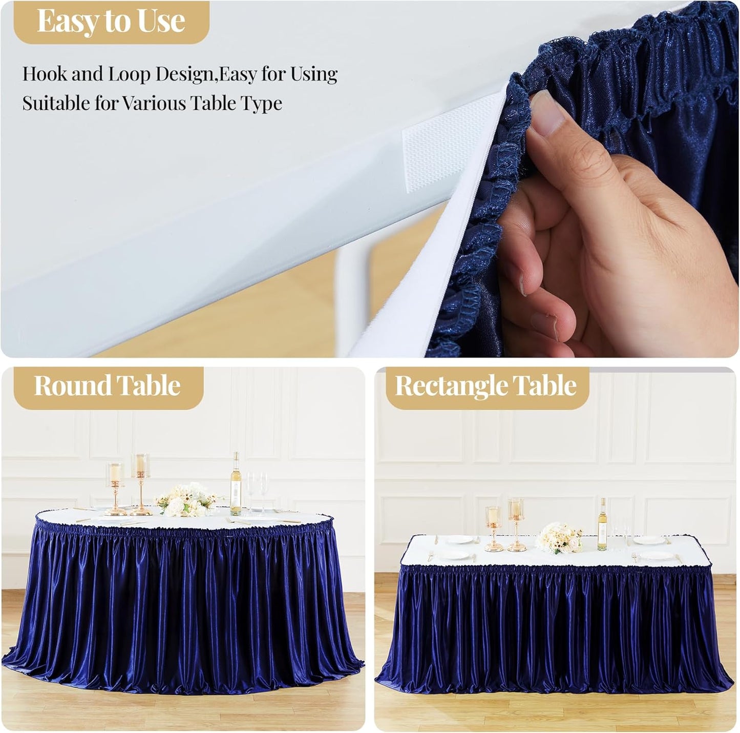 Wish Care 21ft Navy Blue Satin Table Skirt for Rectangle Tables Wrinkle Free Glitter Desk Skirts Pleated Ruffle Table Cloth for Wedding Birthday Baby Shower Party Banquet Buffet Cake Table Decorations