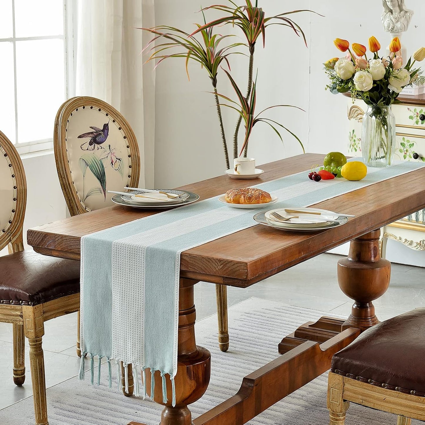 Wracra Linen Table Runner, Farmhouse Macrame Table Runners 72 Inches Long for Dining Table Decor, Wedding, Party and Dresser Decor (Aqua Blue,72")