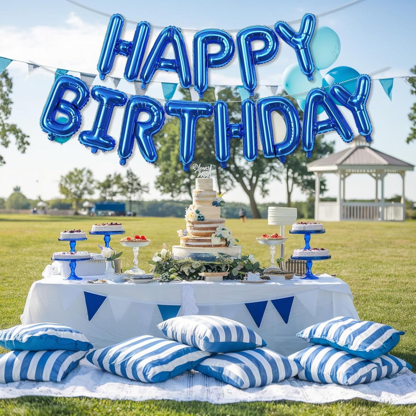 Happy Birthday Balloons Letters Banner, Blue Happy Birthday Bunting Balloon, 16 Inch Self Inflating Birthday Mylar Foil Balloons Banner with Ribbon for Boys Men Birthday Party Decorations Supplies