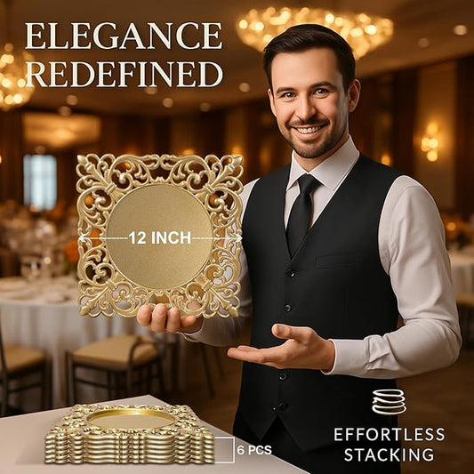 JEVERGN 6 Pack Gold Charger Plates, 12" Square Chargers for Dinner Plates, Gold Plate Chargers with Embossed Rims, Plastic Charger for Wedding, Party Event, Dinner, Table Setting