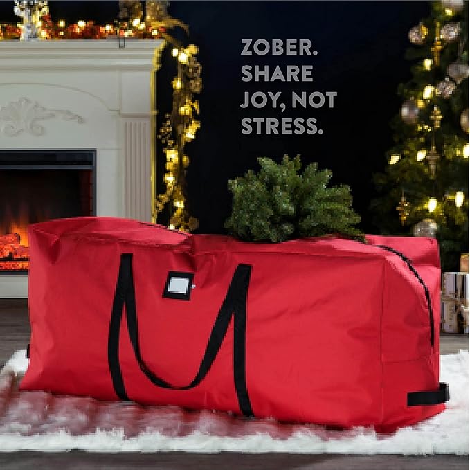 ZOBER 600D Oxford Fabric Large Christmas Tree Storage Bag - Fits 9 Ft Artificial Trees - Tear Proof Waterproof Christmas Tree Bag For Storage Box For Xmas - Strong, Durable Handles - Card Slot - Red