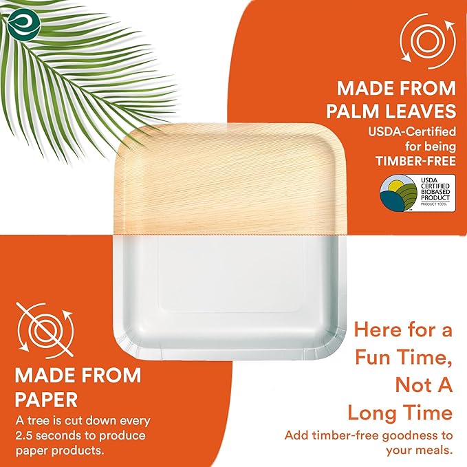 ECO SOUL 7&10 Inch Disposable Palm Leaf Bundle Plates [50 Pack] Premium Food-Safe Heavy Duty Compostable Bamboo Paper Plates for Lunch, Dinner, Weddings, Party, Camping & Catering Events [Square]