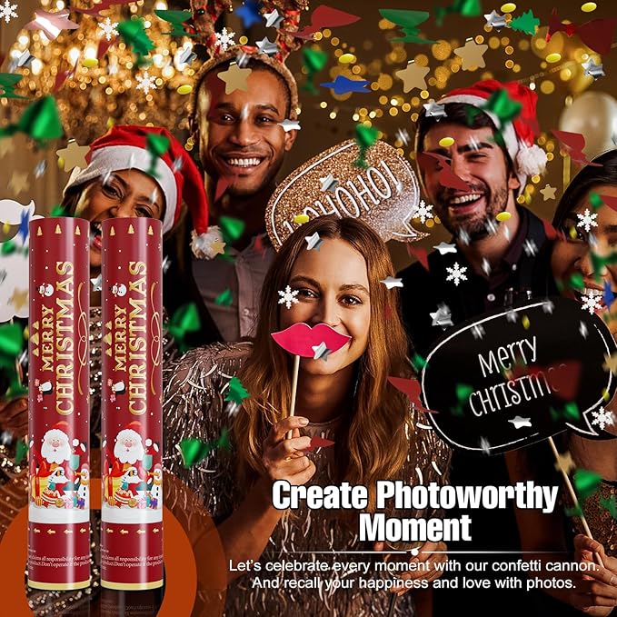 Christmas Confetti Cannon Party Poppers Shooters WORKKEEP Confetti Popper Blaster(4 pack) Xmas Confetti Poppers Compressed Air Popper for Christmas Eve, Christmas Party Decorations Birthday Xmas