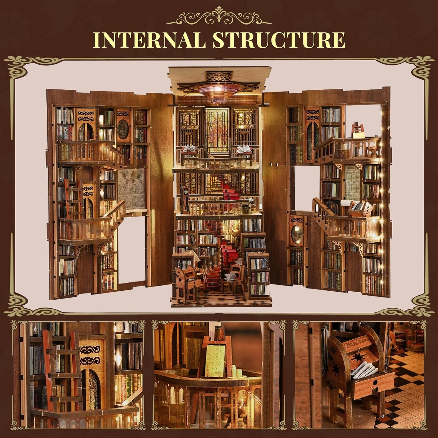 Book Nook Kit, DIY Miniature House Dollhouse Kit for Adults and Teens, Booknook Tiny House Bookshelf Decor with LED Light and Dust Cover (Abbey Library)