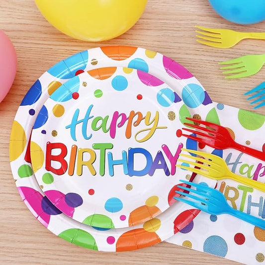 Multicolor Birthday Decorations Plates Set for 25 Guests, 100 Pieces Birthday Paper Plates Napkins Forks with Colorful Dots Design Tableware for Kids Boys Girls