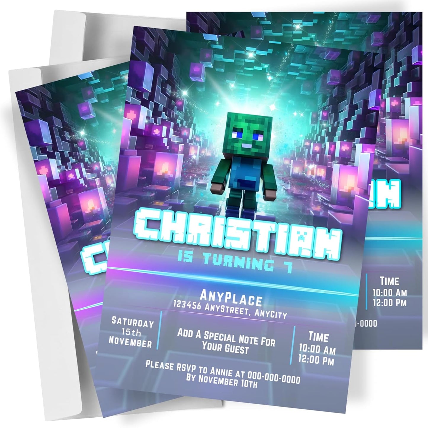 Fully Customizable minecraft Birthday Party Invitations, 4 x 6 inches, with Self-Sealing Envelopes, Gaming Theme Design, minecraft Birthday Invitations for Boys and Girls (Minecraft/Block)