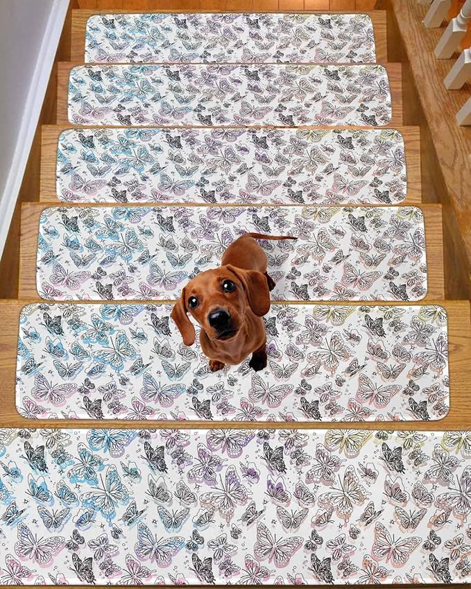 Spring Day Stair Treads Non Slip for Wooden Steps Abstract Simple Line Butterflies Colorful Gradient Stair Runner Carpet Reusable Adhesive Staircase Rugs for Dogs, Elders and Pets, 8x30 Inch, 10PCS