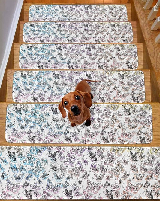 Spring Day Stair Treads Non Slip for Wooden Steps Abstract Simple Line Butterflies Colorful Gradient Stair Runner Carpet Reusable Adhesive Staircase Rugs for Dogs, Elders and Pets, 8x30 Inch, 15PCS