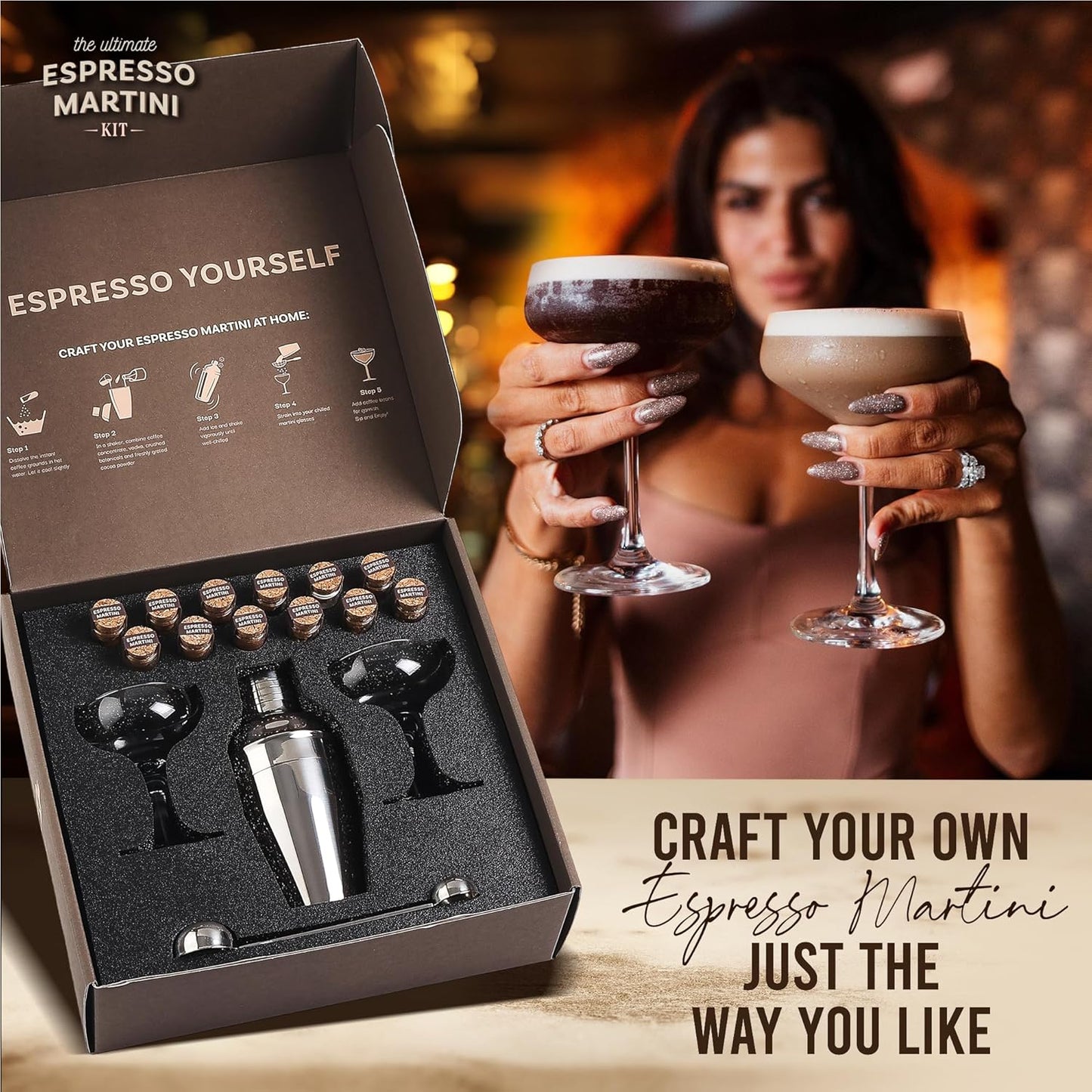 Your Dream Party Shop - Premium Cocktail Kit Gift Set - with Glasses, Accessories, and Elegant Decorations for Birthdays, Birthday Gifts for Women (Espresso Martini Kit)