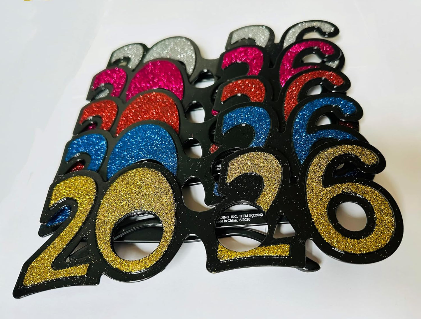 2026 Novelty Shaped New Year's Eve Props Party Favor Cute Glitter Plastic Frame Glasses- 12 Packs