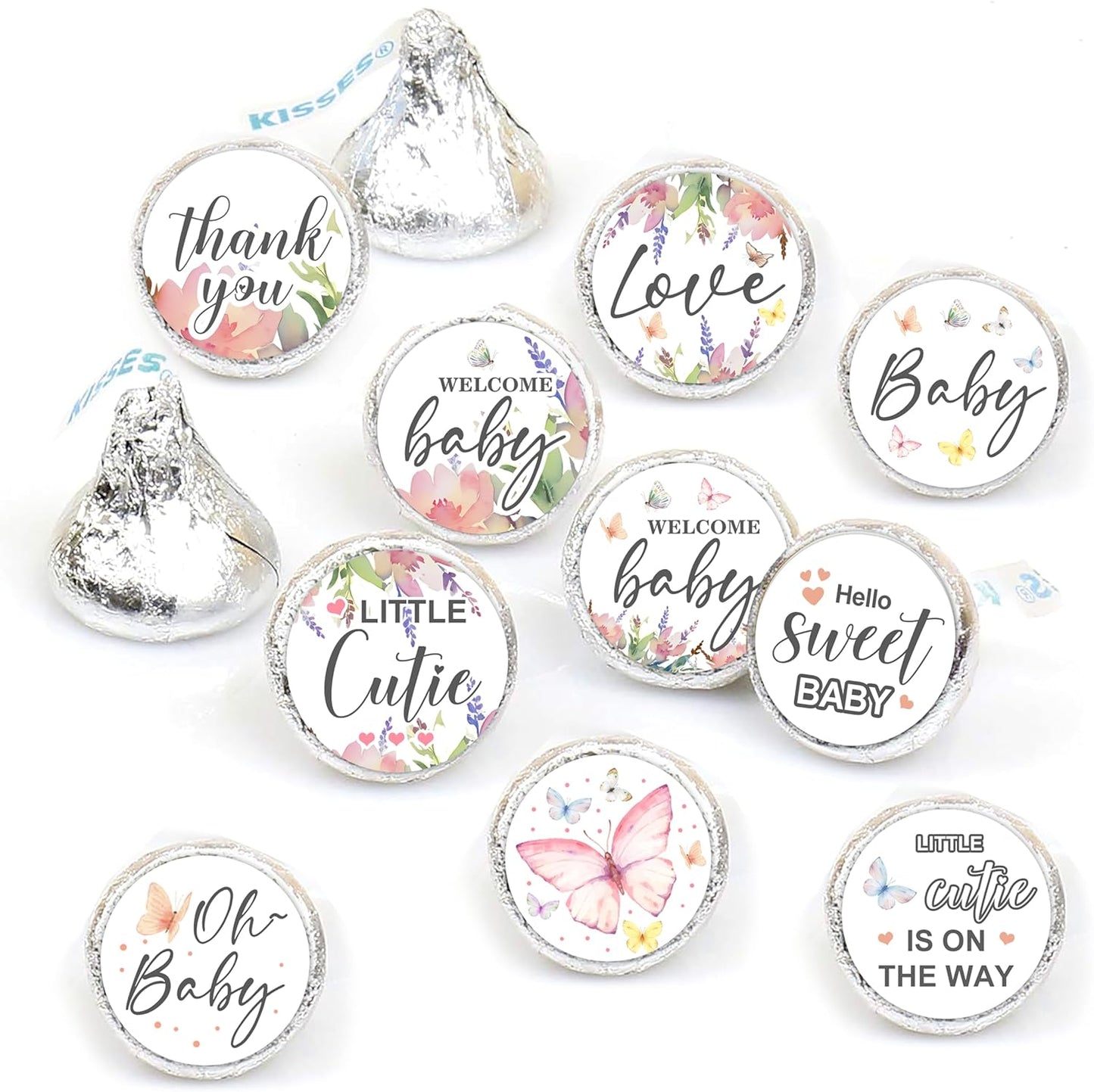 How Many Butterfly Kisses Baby Shower Game Set - Standing Sign, 50 Guessing Cards, 180 Stickers for Kid Showers