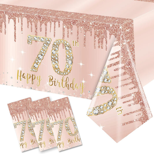3 Pack 70th Birthday Tablecloth Decorations for Women, Pink Rose Gold Happy 70 Birthday Table Cover Party Supplies, Seventy Year Old Birthday Plastic Disposable Rectangular Table Cloth Decor