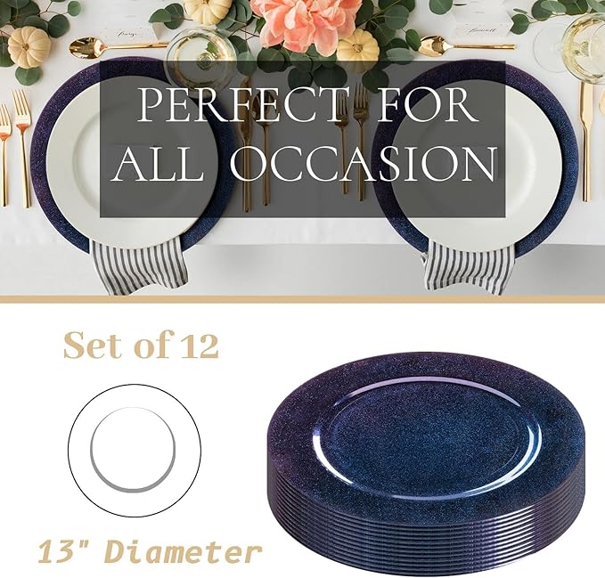 MAONAME Laser Blue Charger Plates Set of 12, 13" Round Plate Charger for Dinner Plates, Glitter Plastic Plate Chargers, Table Chargers for Wedding Decor, Party