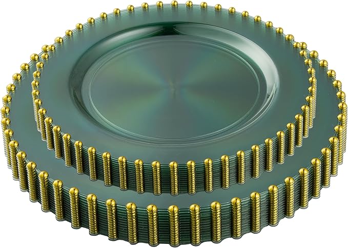 PLASTICPRO 32 Piece Combo Plastic Dinner Plates Disposable Plastic Fancy Heavy Duty Party Dishes 7 inch and 10 inch, Translucent Green and Gold Beaded