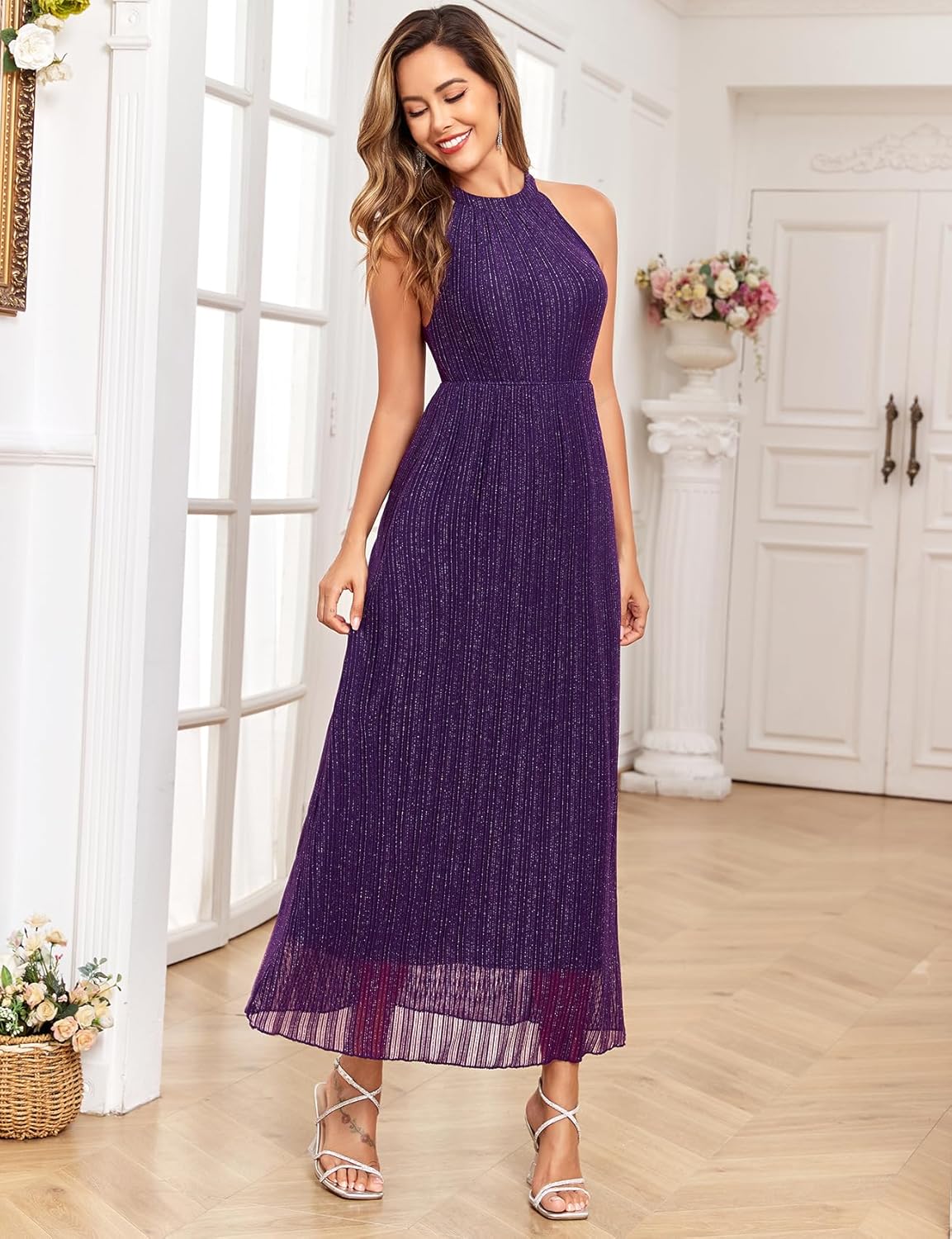 Maternity Sparkly Mesh Dress Halter Neck Sleeveless A Line Pregnancy Dresses Semi Formal Baby Shower Photoshoot