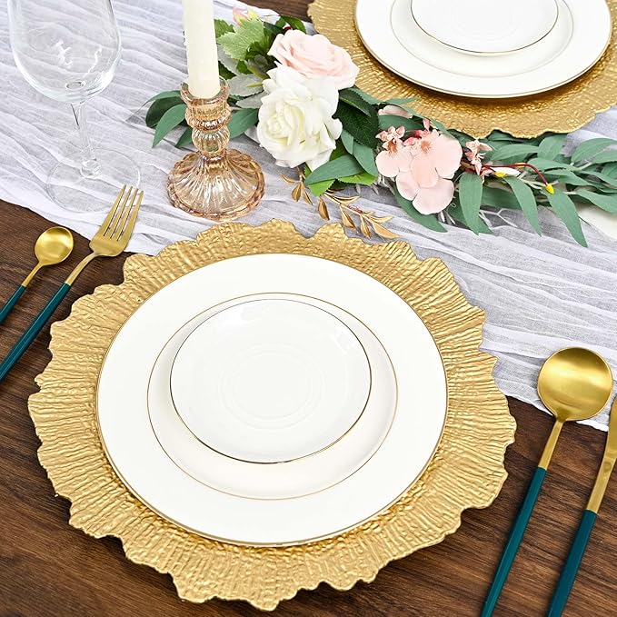 Pesonlook 24Pcs Gold Charger Plates Round 13inch, Reef Plate Chargers for Dinner, Bulk Plastic Floral Table Charger Plates for Dinner Wedding Party Event Table Setting Decoration(Gold)
