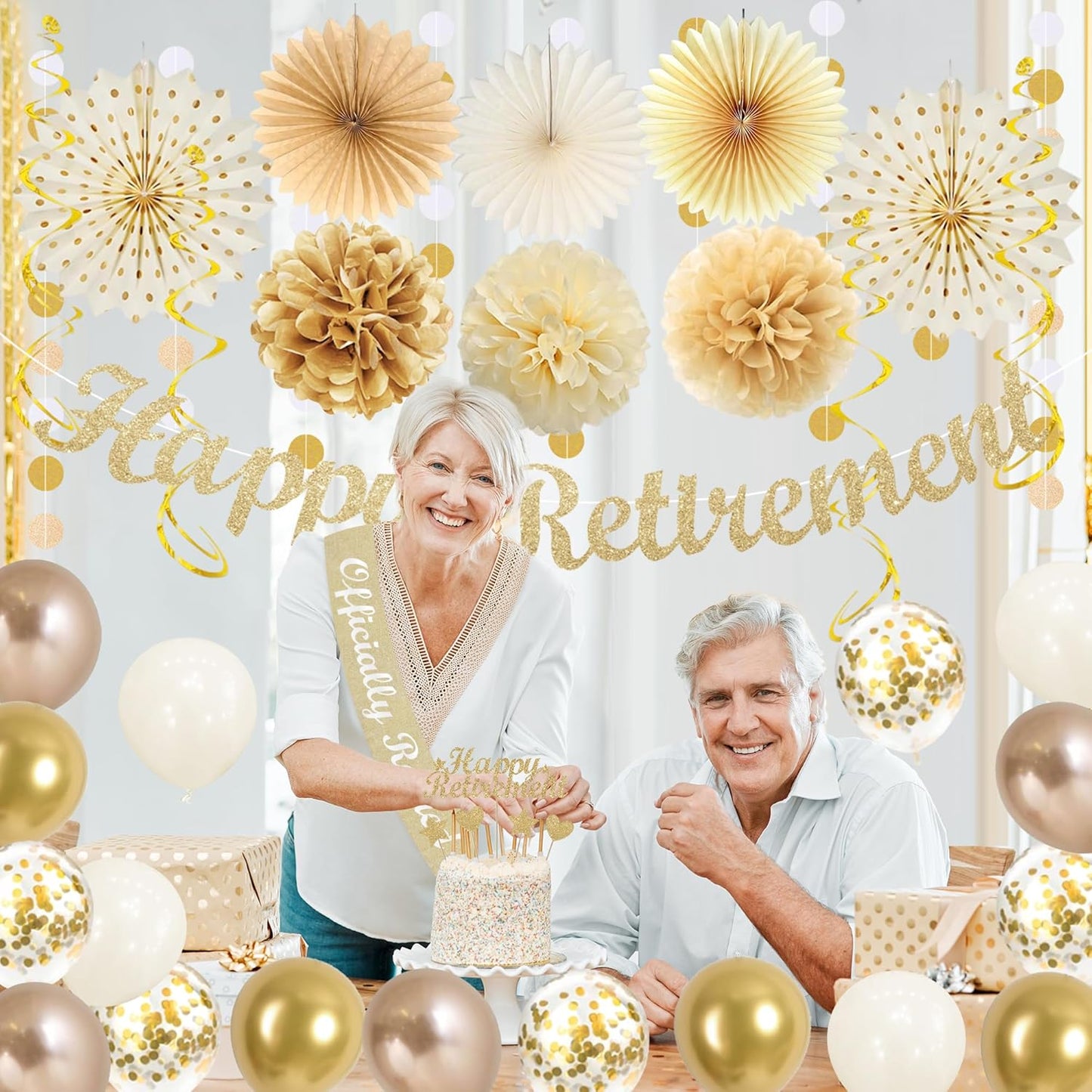 Vlipoeasn Retirement Decorations for Men Women, Champagne Gold Official Retired, Happy Retirement Banner Swirls Party Supplies Retired Farewell Party Set Work Graduation Party Decorations