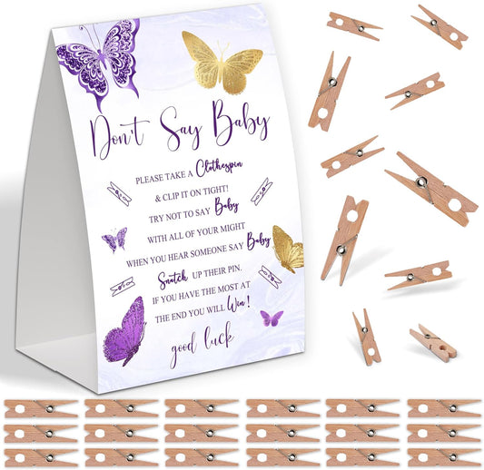 Purple Gold Butterfly Shower Decoration,Don't Say Baby Baby Shower Game,Gender Neutral Baby Shower Decorations,Small Clothespin Game,Baby Shower Ideas,Baby Shower Games 50 Guest,Fall Party Games