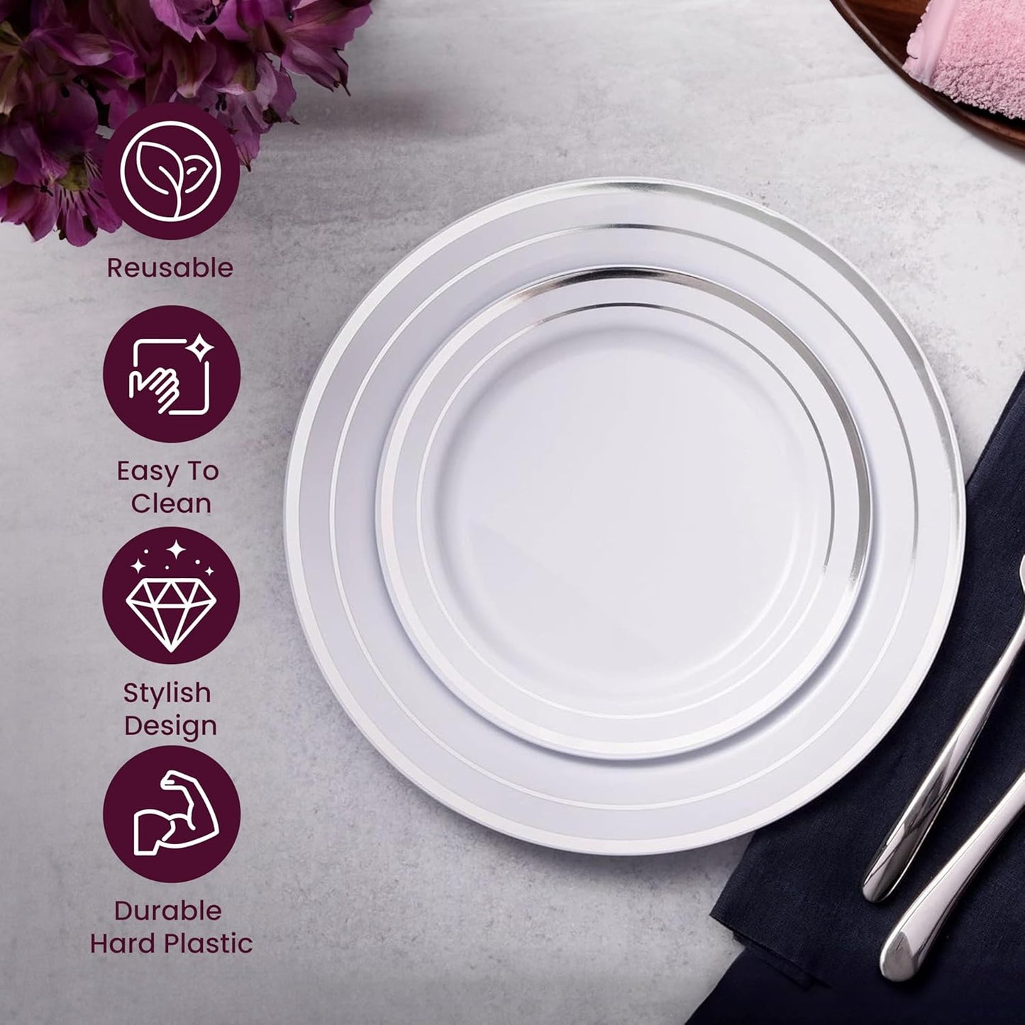 Aya's 100 Silver Rimmed Disposable Dinner and Dessert Plates Set - 50 Large and 50 Small Heavy Duty Plastic Plates - Elegant Design for Weddings, Parties, Events - Durable and Stylish