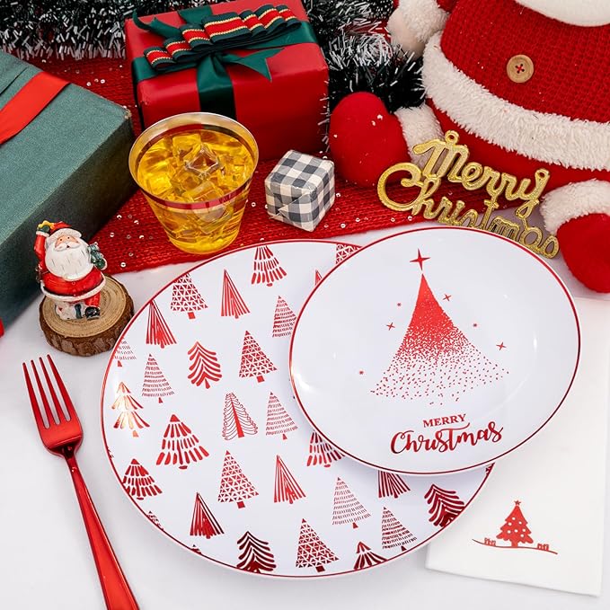 Nervure 175PCS Christmas Plastic Plates - White and Red Disposable Plates - Xmas Tree Plates Include 25Dinner Plate, 25Dessert Plate, 75Silverware, 25Cups, 25 Napkins for Christmas Party