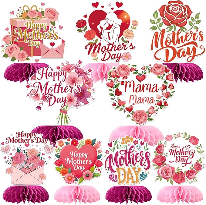 9 PCS Happy Mother's Day Honeycomb Centerpieces Love Heart Best Mom Table Centerpiece Love Mother Table Decorations for Women Mama Birthday Happy Mother's Day Party Centerpieces Decorations Supplies