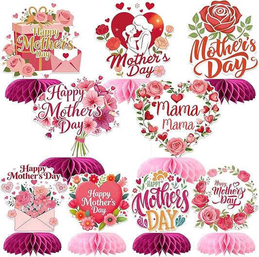 9 PCS Happy Mother's Day Honeycomb Centerpieces Love Heart Best Mom Table Centerpiece Love Mother Table Decorations for Women Mama Birthday Happy Mother's Day Party Centerpieces Decorations Supplies