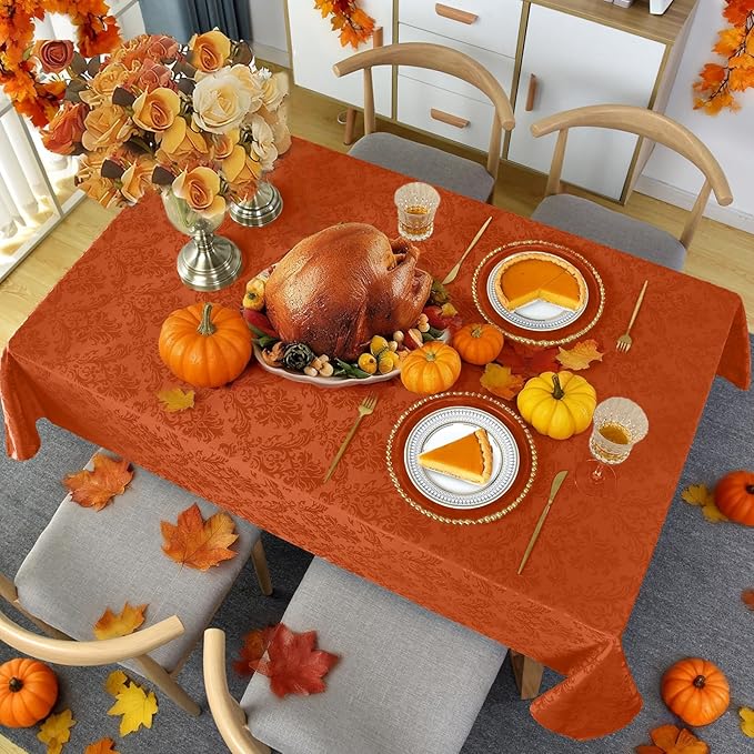 SASTYBALE Jacquard Rectangle Tablecloth, Rusty Spill-Proof Wrinkle Resistant Damask Table Cloth, Soft Polyester Oblong Table Cover for Kitchen Parties Thanksgiving - 52x 70 Inch Rust