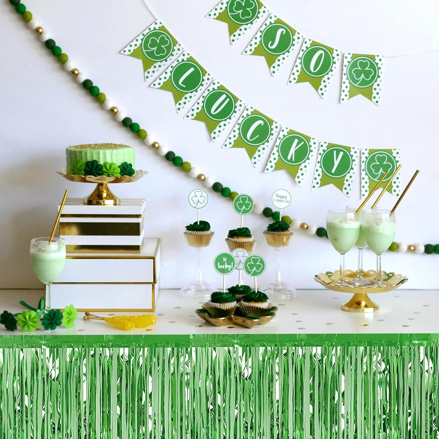 6 Pack 29x108 Inch Light Green Metallic Foil Fringe Table Skirts Banner for Tinsel Streamer Garland Curtains Backdrop for Parade Floats Baby Shower Birthday Christmas Halloween Party Decoration