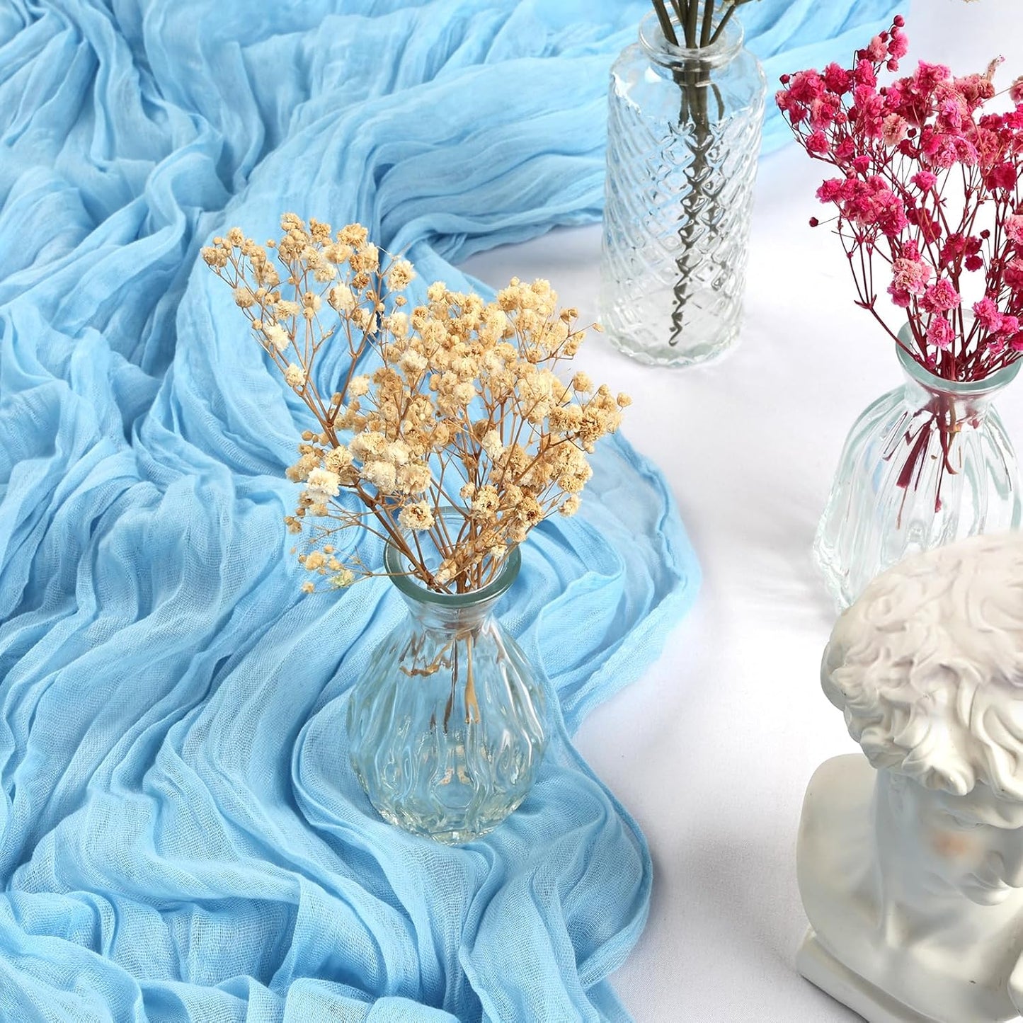 12 Pack 10FT Baby Blue Cheesecloth Table Runner 35x120 Inch Gauze Rustic Boho Fall Table Runner Cheese Cloth for Thanksgiving Wedding Decor Birthday Party Bridal Baby Shower Centerpiece Decoration