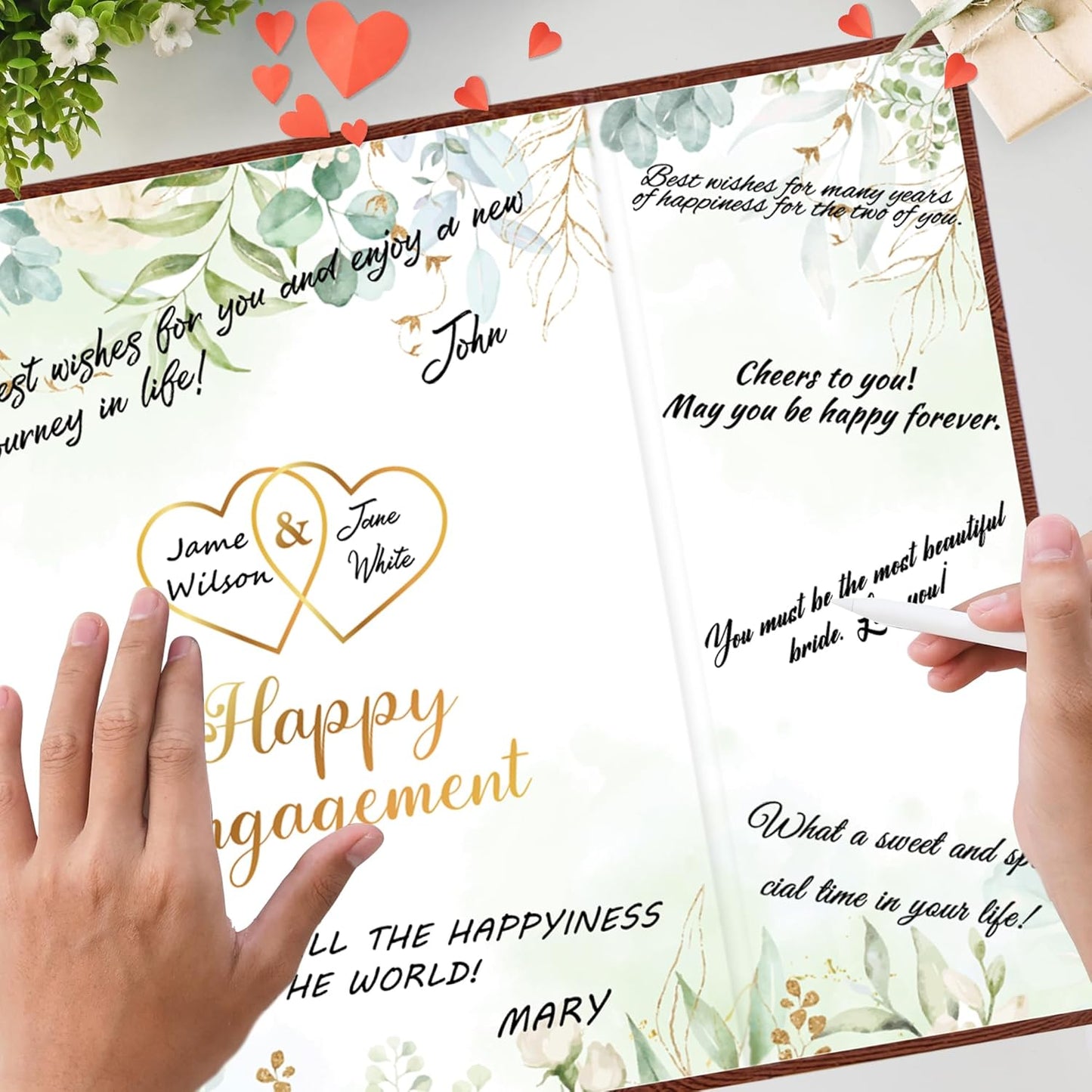 DARUNAXY Sage Green Engagement Party Decorations, Tree Texture Happy Engagement Alternative Signature Guest Book Brown Just Engaged Gifts Congratulations Engagement Signing Card Board Party Supplies