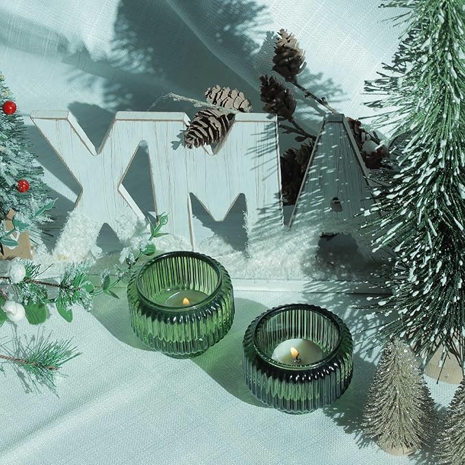 Woho Green Taper Candle Holders Set of 8 for Christmas Party Decor, Reversible Candle Sticks Holder Decor for Wedding Table Centerpiece, Vintage Ribbed Glass Candlestick Holders for Home Decor