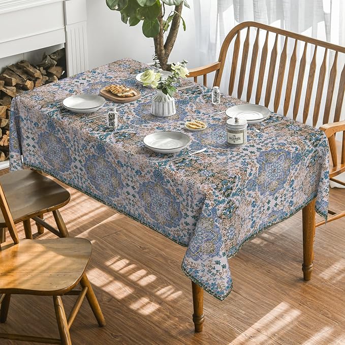 Horaldaily Boho Bohemia Style Tablecloth 60x84 Inch Rectangular, Vintage Country Rustic Farmhouse Magical Fall Blue Washable Seasonal Table Cover for Party Picnic Dinner Decor