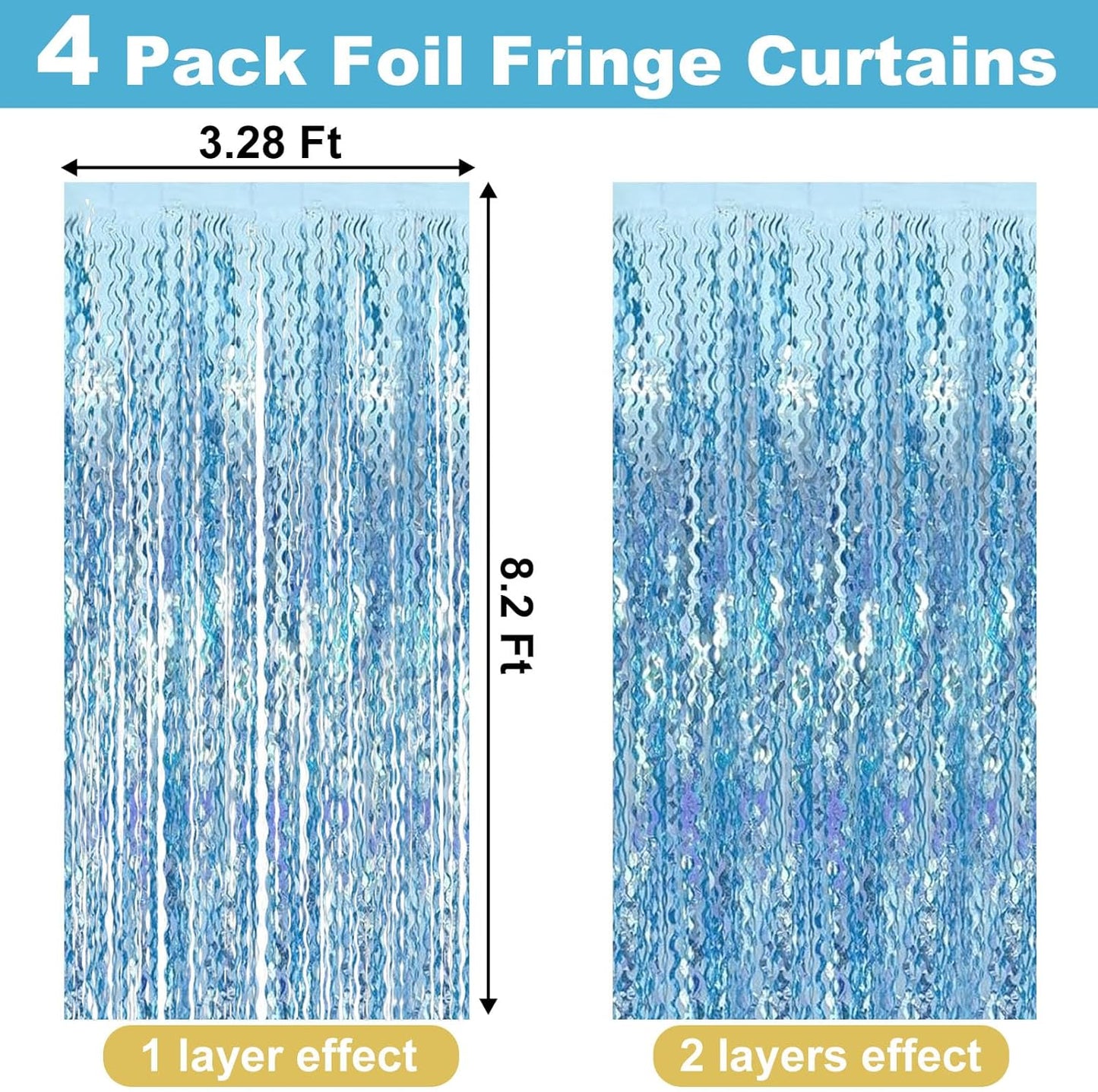 4 Pack Light Blue Fringe Curtain Backdrop 3.2Ft x 8.2Ft Metallic Tinsel Foil Fringe Streamers Background for Photo Booth Mother's Day, Easter, Carnival, Birthday, Wedding Party Decoration
