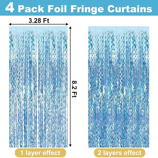 4 Pack Light Blue Fringe Curtain Backdrop 3.2Ft x 8.2Ft Metallic Tinsel Foil Fringe Streamers Background for Photo Booth Mother's Day, Easter, Carnival, Birthday, Wedding Party Decoration