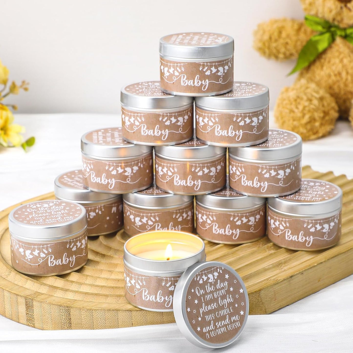 MTLEE 24 Pcs Kraft Paper Baby Shower Party Favors Candles Lavender Scented Baby Shower Favors for Guests Rustic Tealights Candles Gender Reveal Return Gifts Girl Boy(1.2 Oz, Khaki)