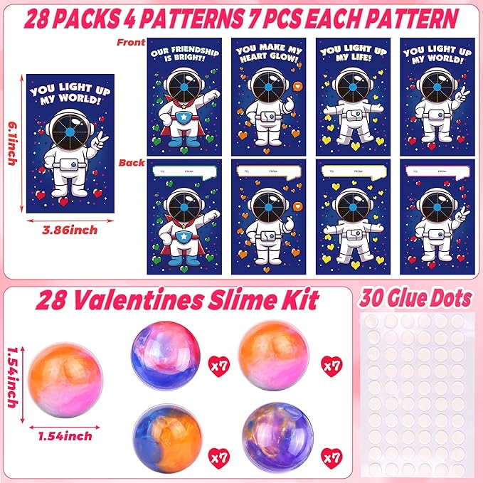 28 Pack Valentines Day Gifts for Kids Classroom, Galaxy Slime Kit Valentines Cards for Kids School Class Valentines Day Slime Fidget Toys Valentines Exchange Cards Valentines Party Favors Boys Girls