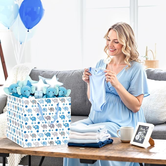 Woosytoo Extra Large Baby Boy Gift Bags - Blue Elephant Square Gift Bag with Wrapping Paper Jumbo Baby Shower Wrapping Paper Bag for Newborn Congratulations Gifts It's a Boy Party Favors Decor