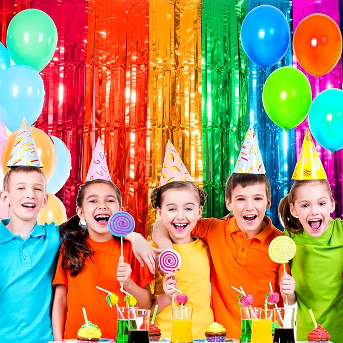 4 Packs Rainbow Foil Fringe Curtain, Assorted Color Metallic Tinsel Backdrop for Birthday, Baby Shower, Wedding, Rainbow Party Decorations Supplies