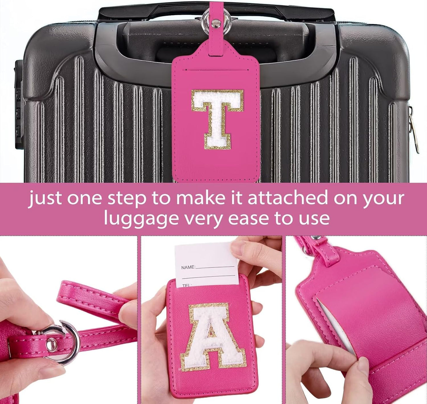 Personalized Initial Luggage Tags for Suitcases, Leather Chenille Letter Cute Luggage Tags with Privacy Name Card, Embroidered Travel Bag Backpack Tags Gifts for Women Kids Girls Teens(Rosered-T