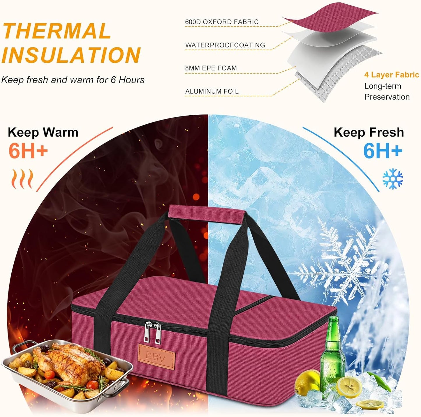BBV Insulated Casserole Carrier for Hot or Cold Food, Food Warmer Bag Fits 9"x13" Baking Dish, Durable Nylon Leak Proof Food Containers for Travel, Potluck, Parties, Picnic, Cookouts (Burgundy)