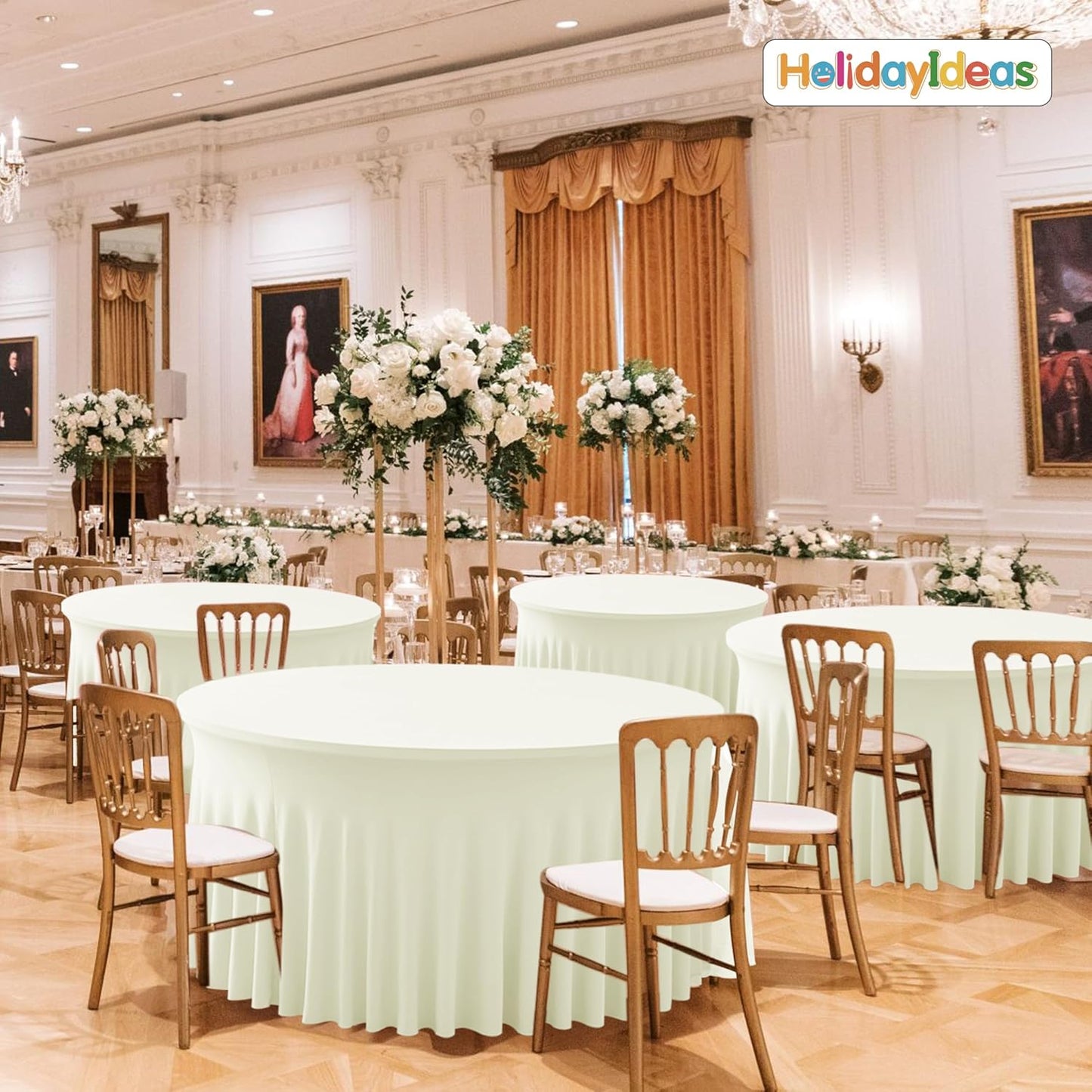 HolidayIdeas 60 Inch Beige Spandex Round Table Skirts,Fitted Stretch Tablecloths for Round 5 ft Table, Wrinkle-Free Ruffle Design Tablecloths for Banquets,Wedding,Trade Shows, Parties, Events, 6 Pcs