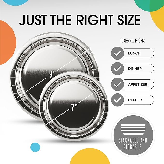 Exquisite Silver Paper Plates Disposable Heavy Duty 100 Pcs - 50-7" & 50-9" Silver Disposable Plates For Party Heavy Duty Paper Plate 350 GSM Birthday Party Supplies Plate Set