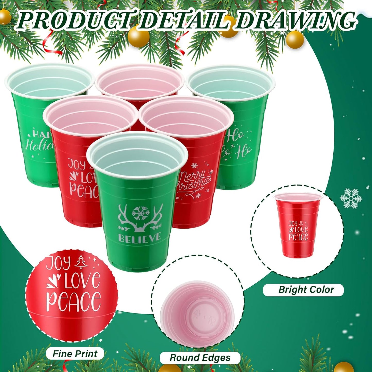 Sliner 180 Pcs 16 oz Christmas Plastic Disposable Cups Bulk Snowflake Elk Star Christmas Tree Drinking Cups for Xmas Birthday Party Supplies (Red,Green)